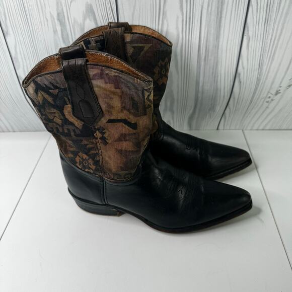 Vintage L.L. Bean Women’s 8 Cowboy Boots Black Leather Tapestry Western Boho USA - Picture 1 of 11
